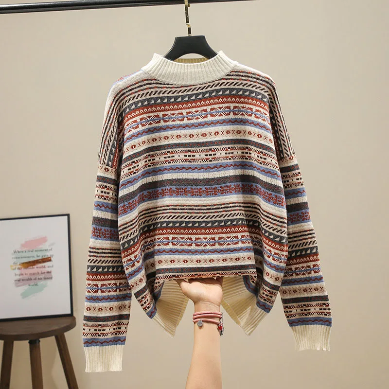 

Autumn Winter Women's Sweater Ethnic Style Striped Loose Pullover Sweater New Half High Collar Inner Female Knit Sweaters LL297