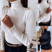 womens autumn winter turtleneck pullovers sweater woman primer shirt long sleeve buttons slim fit tight jumper top solid