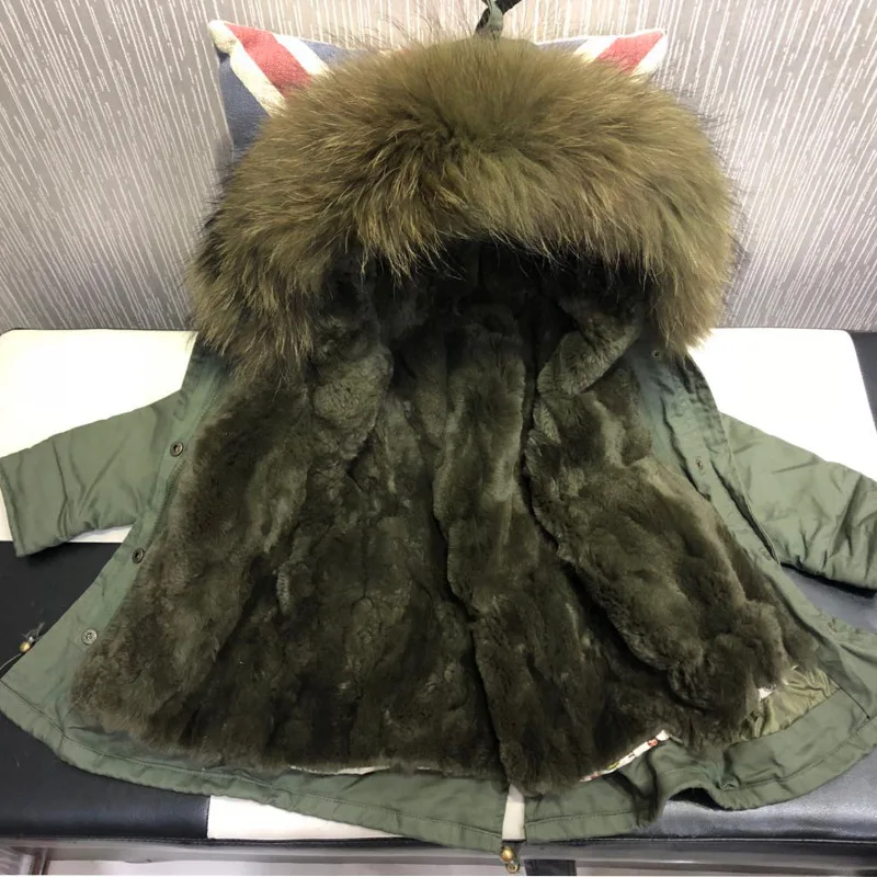 Olive top green fur Г. Детские куртки из натурального кроличьего меха зимние пальто для девочек со съемной подкладкой из натурального меха, куртка для малышей меховой воротник енота - Цвет: Olive top green fur
