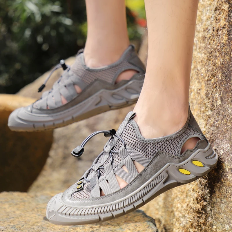 

Summer Mesh Men Sandals Breathable Genuine Leather Casual Shoes Handmade Outdoor Mens Slippers Men Beach Sandals Plus Size 38-46