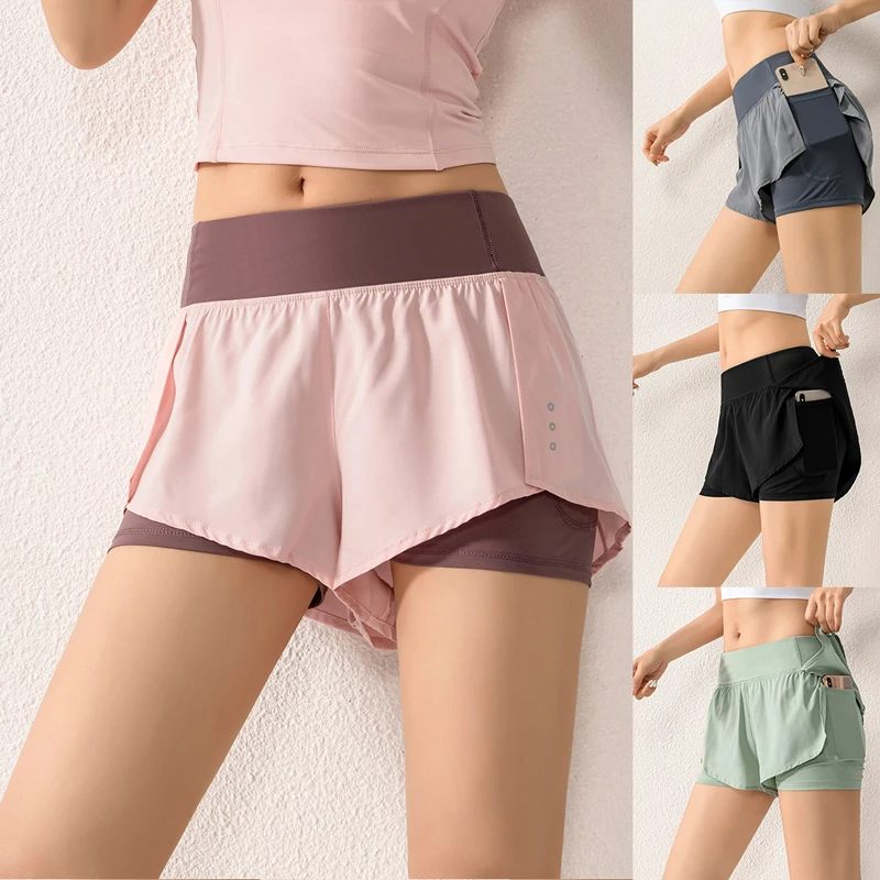 

Women 2 In 1 Running Shorts Elastic Waist Pocket Tight Yoga Short Woman Sports Short Pink Gym Fitness Shorts Sportswear