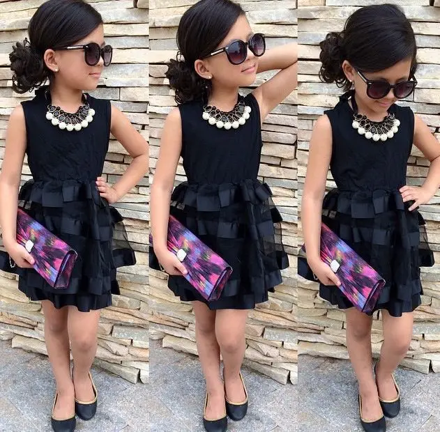 

Summer Explosion Style Girl's Mesh Striped Skirt Black Lace Sleeveless Princess Dress