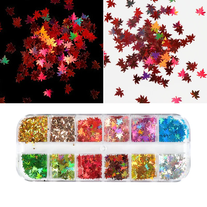 

Nail Sequins 12 Grid Boxed Golden Maple Leaf Sequins Laser Color Leaves 2021 Autumn and Winter Christmas Thanksgiving Day