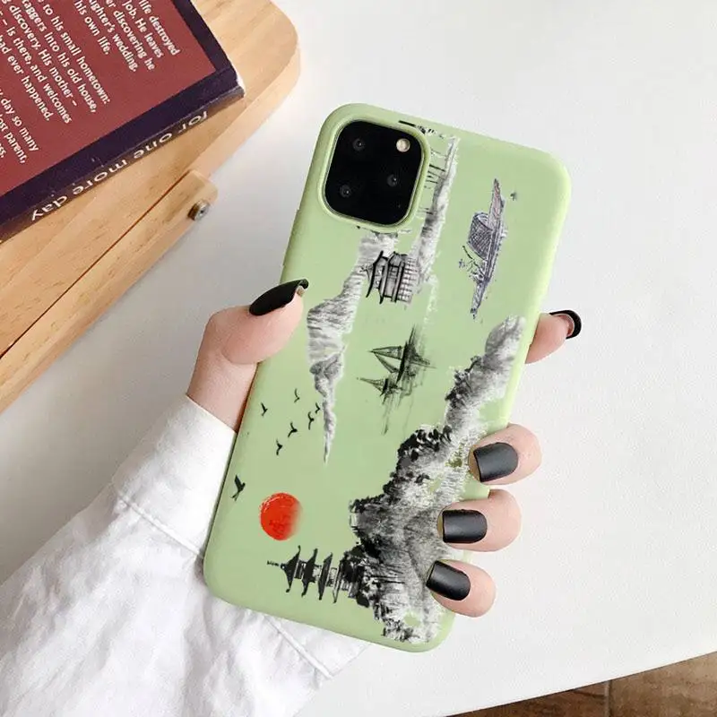 

Chinese landscape painting art Phone Case Green Candy Color for iPhone 6 7 8 11 12 s mini pro X XS XR MAX Plus