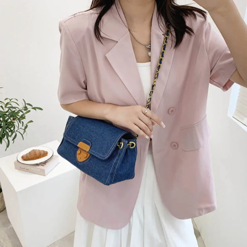

2021 Summer Trendy Fashion Women Messenger Bag Simple Thin Chain Handbag High Quality Denim Ladies One-Shoulder Armpit Bag Purse