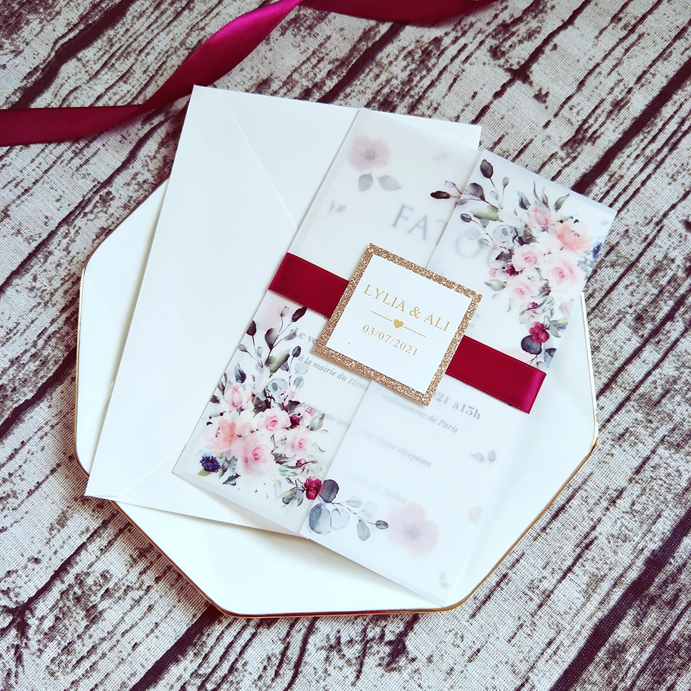 Свадебные приглашения с золотым блестящим ярлыком 50X принтом в виде бархата