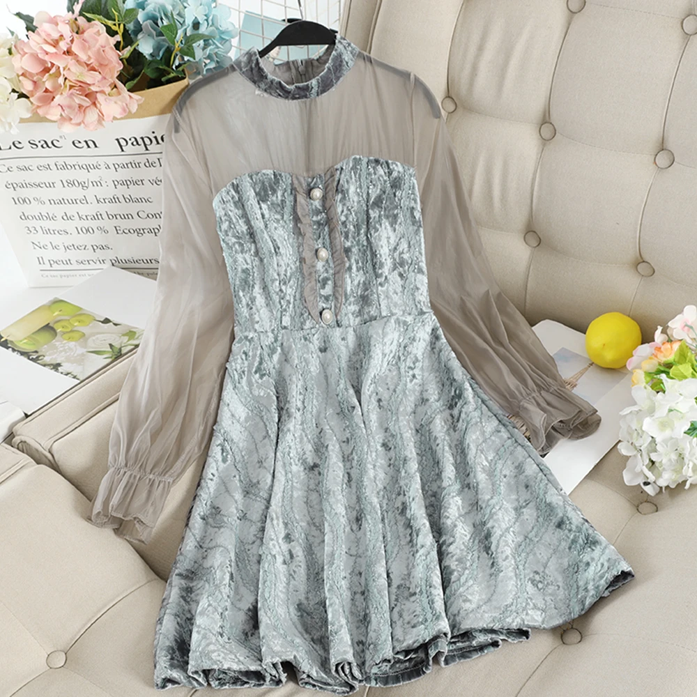 SINGRAIN женское велюровое платье модное с длинным рукавом бусинами вечерние