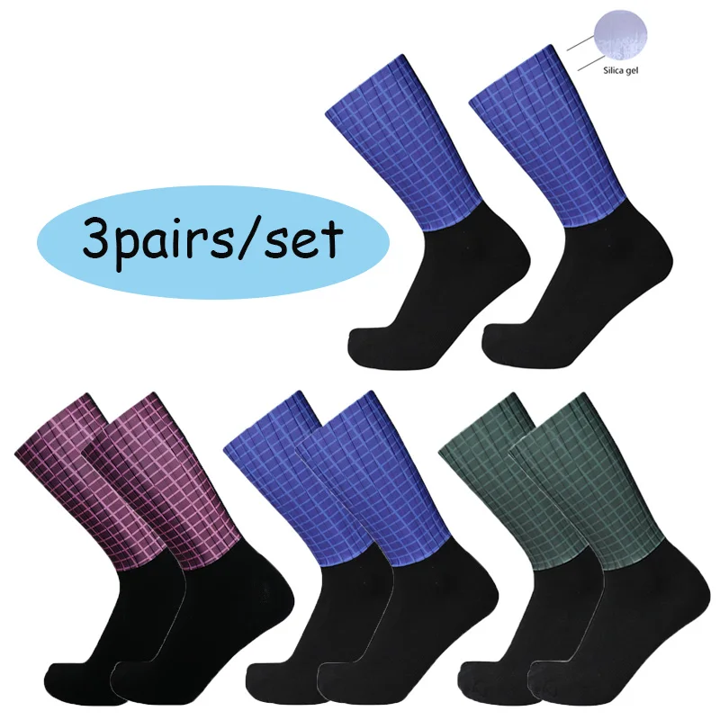 

3pairs/set New Style Lattice Cycling Socks Summer Breathable Non-slip Silicone Outdoor Sports Socks Road Bike Racing Socks