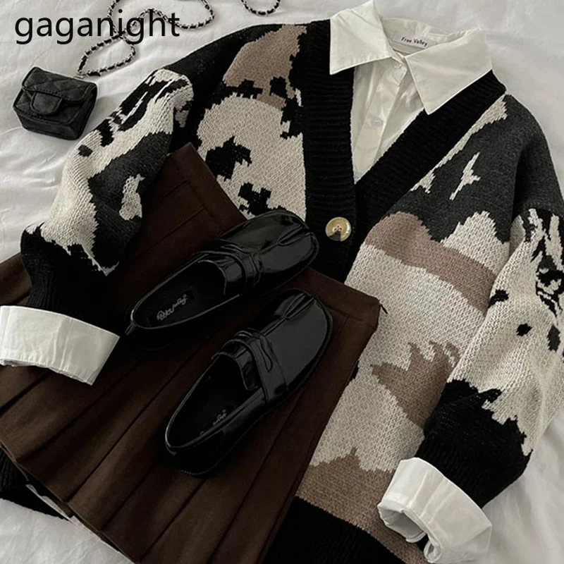

Gaganight, женский свитер, кардиган, куртка, Осень-зима 2021, новая мода, темпераментный жаккардовый V-образный вырез, длинный рукав, Женский вязаны...