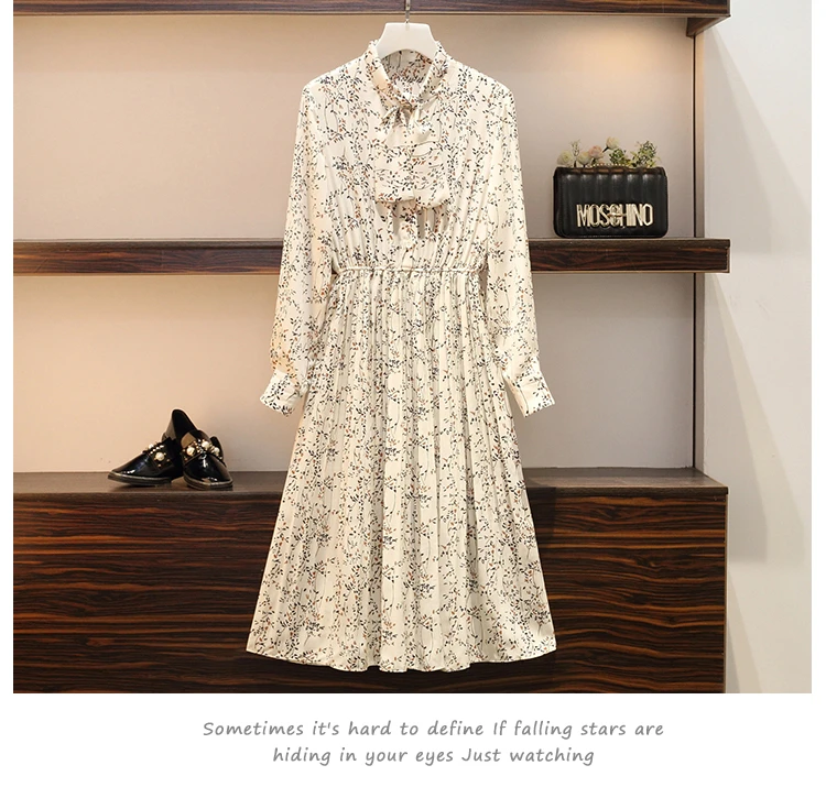 White single dress Женское Плиссированное шифоновое платье с принтом размера плюс и вязаный жилет, Женский Повседневный осенний комплект из двух предметов - Цвет: White single dress