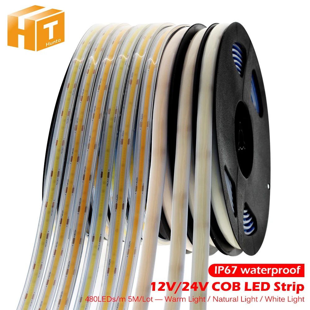 COB LED Strip Light 480 LEDs High Density Flexible 3000K 4000K 6000K IP67 Waterproof LED Tape DC12V 24V 5m/lot