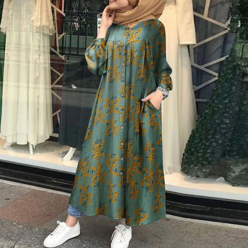 

Muslim Dress Kaftan Robe Sundress Abaya Women Long Sleeve Floral Printed Maxi Dress Autumn Vintage Cotton Loose Vestidos Femme