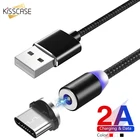 Кабель KISSCASE USB Type-C, Micro USB, со светодиодной оплеткой, 2 А, магнитный, для Xiaomi, Huawei P40, Samsung, Android