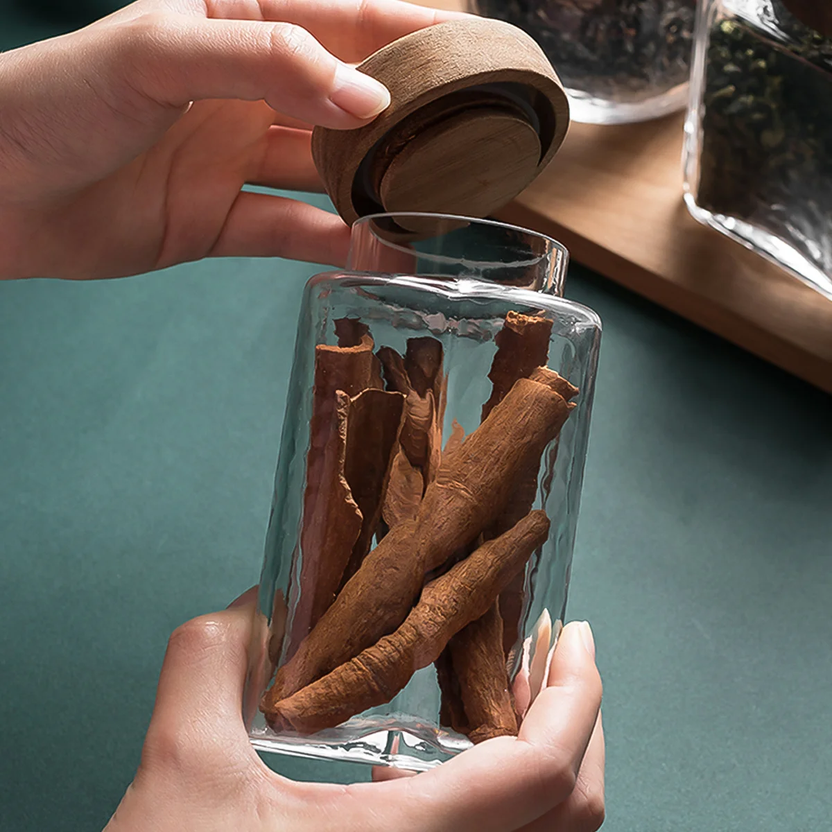 

Wooden Cover Glass Jar Grain Container Food Sealed Storage Container Tea Glass Jar Empty Storage Bottle for Home Kitchen Shop Of