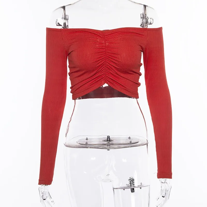 Осенняя трикотажная футболка в рубчик для женщин с длинным рукавом сексуальные