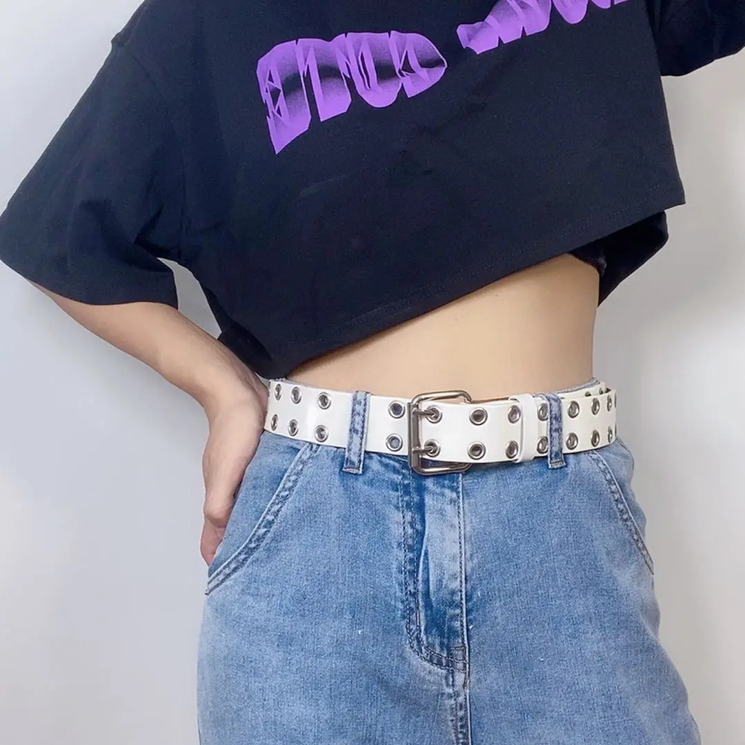 

Beige Color Double Hole Punk Genuine Leather Mixed Gender Belt 3.3cm Width