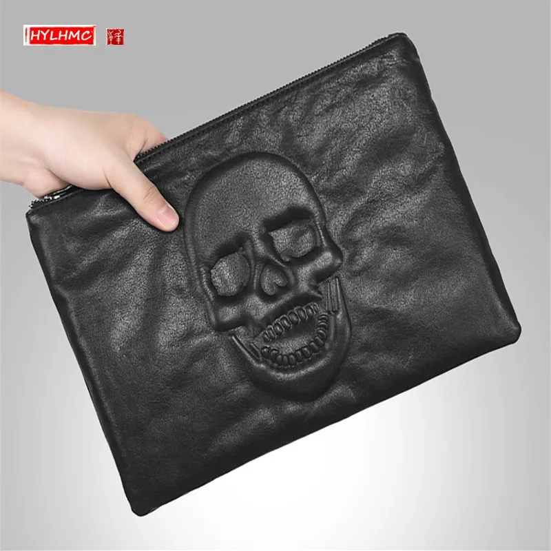 

Клатч мужской из натуральной кожи с заклепками, сумка-конверт из первого слоя кожи с черепом, вместительная сумочка для IPAD A4