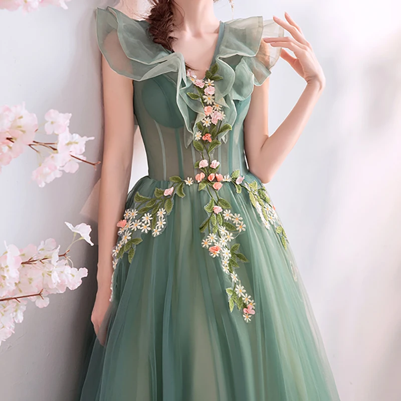 

Bespoke Occasion Dresses Illusion V-Neck Short Embroidery Appliques Tulle Luxury Green Vintage Women Formal Evening Gown TS072