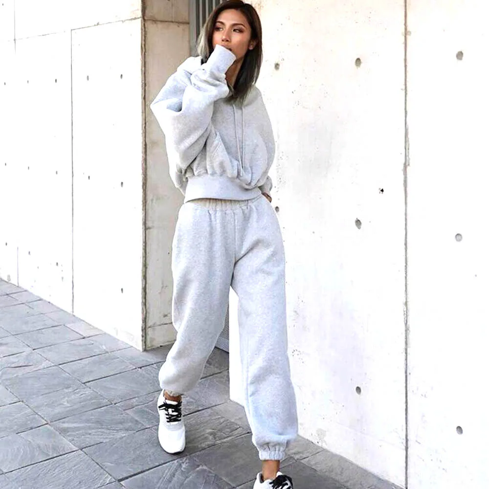

New Fashion Women Casual Wear Pullover Hoodie Long Sleeve Sweater Fleece Warm Jogger Gym Suit Running Solid Sport Pants Lady Set