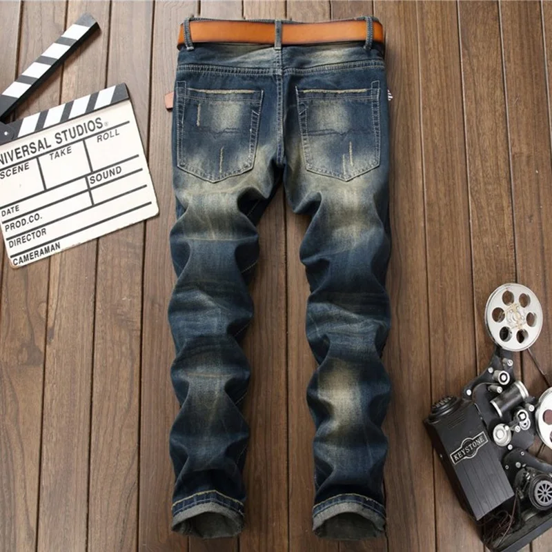 Autumn New European  American Style Fashion Hipster Ripped Straight Tube Jeans Embroidered Tiger Slim Casual Blue Pants
