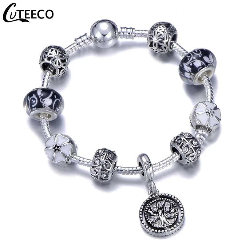 CUTEECO 925, модный серебряный браслет с шармами, браслет для женщин, Хрустальный цветок, сказочный шарик, подходит для брендовых браслетов, ювелирные изделия, браслеты - Окраска металла: AJ3178
