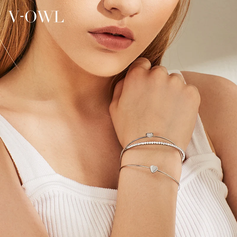 Серебряный трехслойный Открытый браслет V-Owl в форме сердца милый из нержавеющей