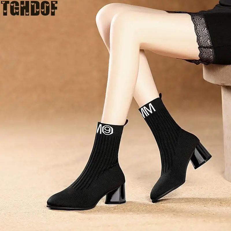 

Women's Ankle Boots Women's High Heels Fashion Party Shoes Pointed Toe Knitted Pattern Breathable Socks Short Boots 35-39