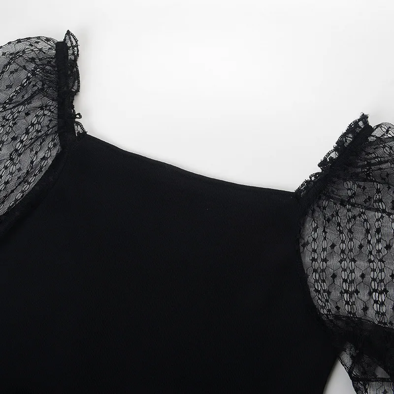 

ENGAGEMENT High Quality 2021 Summer New Simple Lace Sleeve Black Dress One Collar High Waist Slim Knitted Skirt