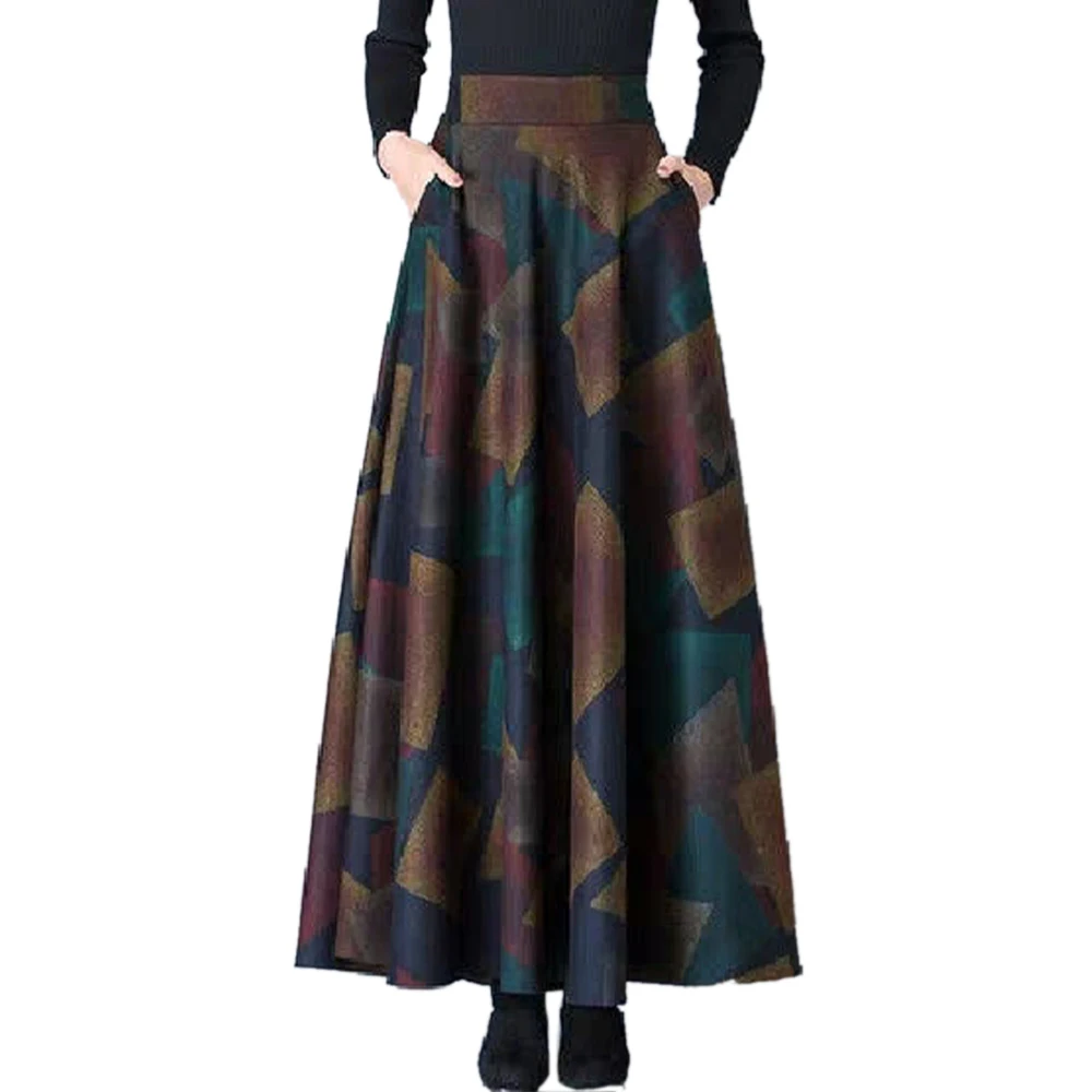 

Autumn High Waist Women Skirts Flared Pleated Ankle Length Skirt with Pockets Vintage Plus Size Printed Female Long Skirt