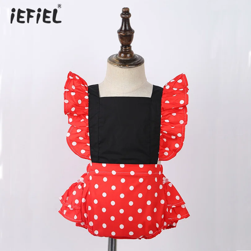 

Summer Baby Girls One-Piece Outfits Clothes Polka Dots Printed Ruffled Shoulder Straps Backless Romper Jumpsuit with Headband