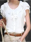 Летние блузки с оборками, белая шифоновая блузка с коротким рукавом, повседневные однотонные Топы большого размера