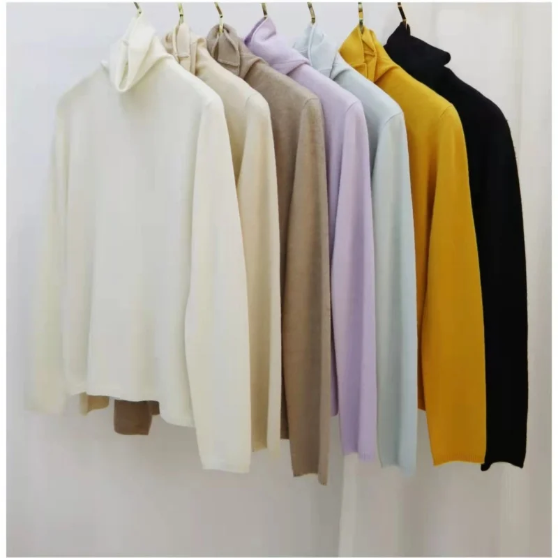 

2021New Simple and Versatile Heaps Collar Solid Color Pure Goat Bottoming Shirt Pullover Sweater Sweater for Women