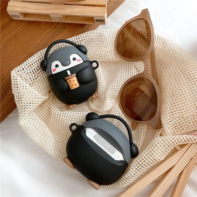 

Earphone Silicone Case for Airpods Pro 3D Cute Cartoon Milky Tea Penguins Soft Protective Cover for Airpods 1 2 with Keychain