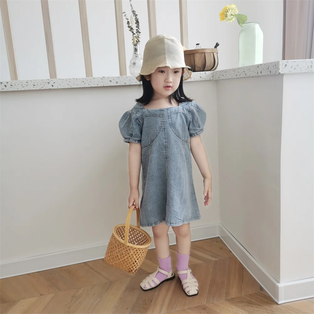 

Baby Girls Denim Dress 2020 Spring Summer New Kids U-neck Puff Sleeves Solid Color Denim Skirt Girls Casual Dresses 3-8 Years