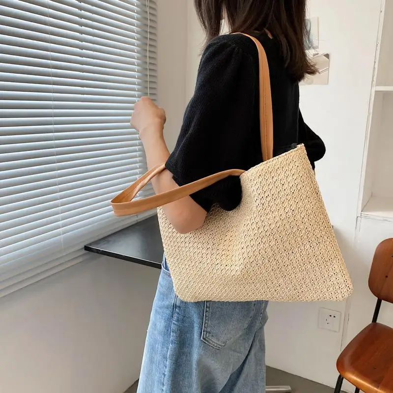 

Fashion Women Beach Summer Straw Woven Pure Color Shoulder Shopping Tote Bag Casual Ladies Large Capacity Handbags