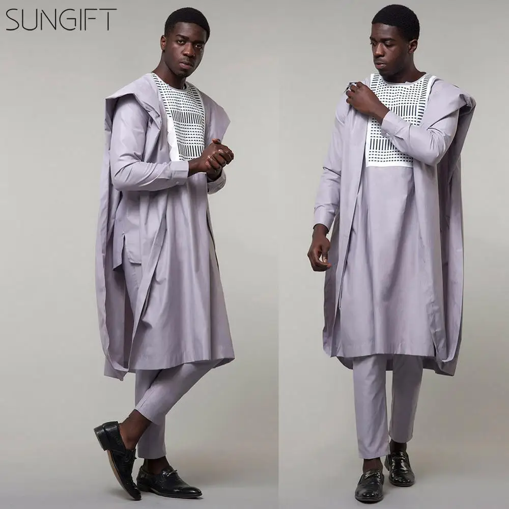 SUNGIFT Мужская африканская Обычная круглая горловина Agbada Топ dashiki серые рубашки