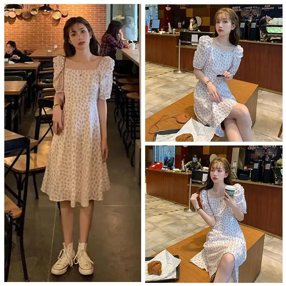 

2021 New Bubble Sleeve Square Neck Half Sleeve Dress Women Puff Sleeve Vintage Elegant Backless Mini Dress korean Vestidos