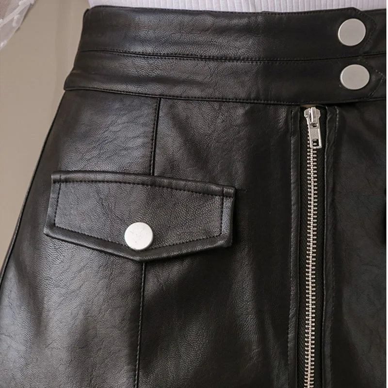 

Hot Sale Streetwear Fashion Zipper Short Skirts Womens 2020 Autumn Winter A-Line Buttont Slim Korean Style Leather Skirt Black