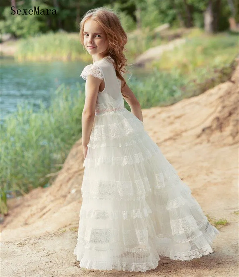 Белые богемные платья с цветочным узором для девочек цвета слоновой кости