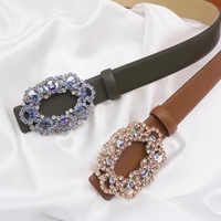 elegant light luxury rhinestone oval buckle two color belt plain cowhide both sides decorate trouser belt with womens belt mora