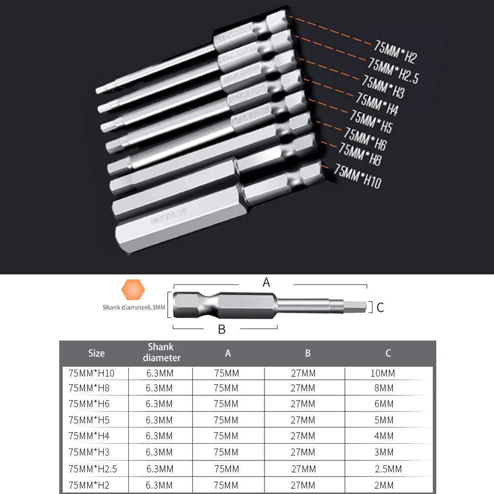 

8Pcs 50/75/100mm Length 1/4 Inch Magnetic Inner Hex Head Drill Bit Screwdriver Bit Set H1.5-H8 For Pneumatic/Electric Batches