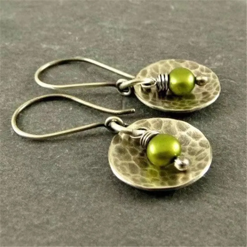 

Vintage Gold Metal Circle Olive Green Pearl Drop Earrings For Women Ethnic Tribal Cute Dangle Earings Wedding Pentientes Mujer