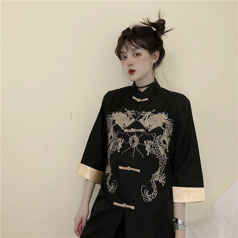 

Chinese Dress Cheongsam Qipao Classic Hanfu Oriental Dresses Retro Black Solid Embroidery Dragon Street Wear Style Summer 2021