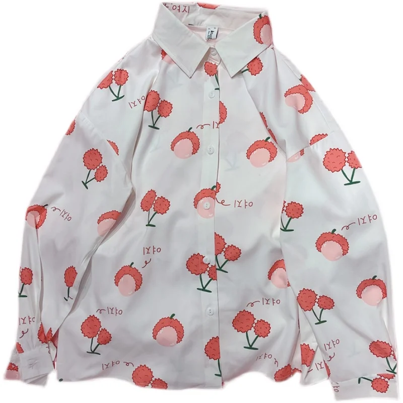 

Litchi Print Soft Sister Long Sleeve Blouse Female All-match Japanese Preppy Sweet Cute Shirt Girl Spring Autumn Base Tops