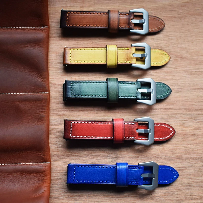 Handmade Watchband 20mm 22mm 24mm Green Red Blue Brown Vintage Leather For Panerai Watch Strap Band KZB02