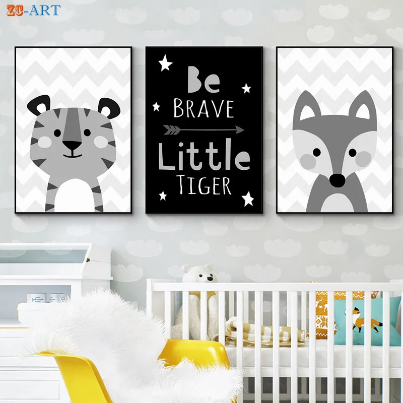 Тигр лиса лягушка с милыми принтами картина рисунком животных Черный и белый