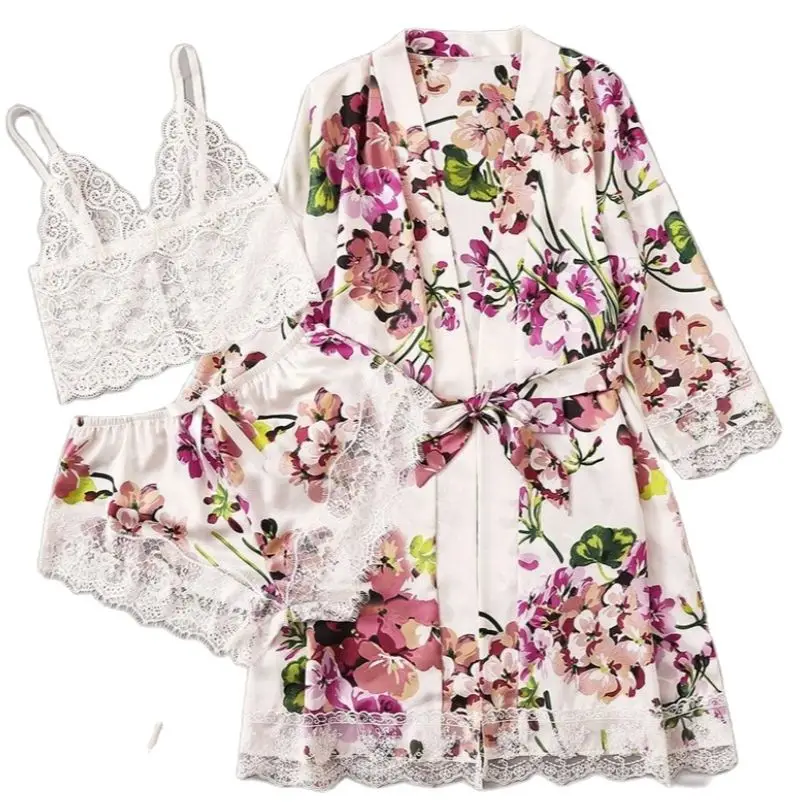 

Explosive style underwear pajamas night gown sexy lace trim three-piece pajamas home service