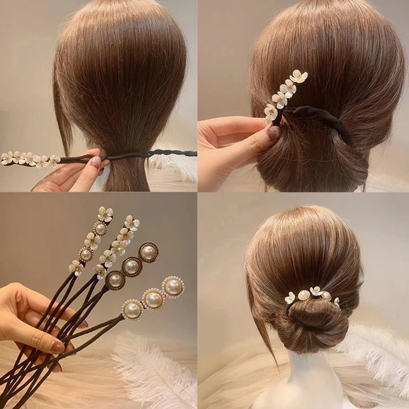 

Women Elegant Hair Scrunchies Flower Hair Maker Tools Vintage Shell Pearl Bow Hairpin Bun Hairstyle Hair Stick Hair Accessories