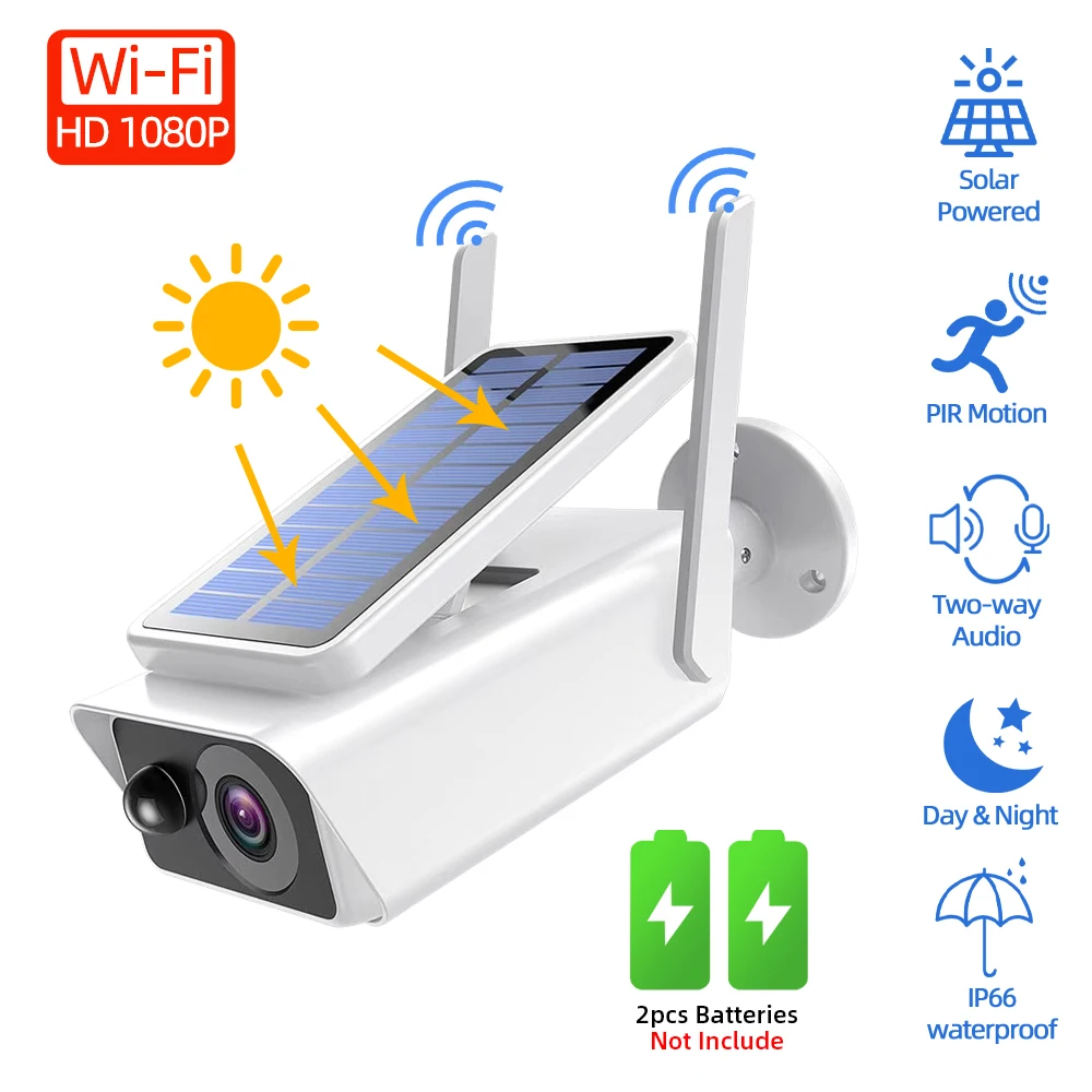 

Solar IP Camera Wifi Battery Solar Powered Security Camera PIR 1080P Two-Way Audio Wireless Security PIR Detection IP Camera 2MP