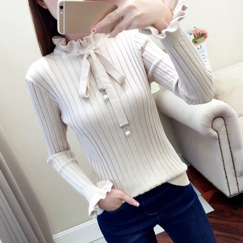 Winter Casual Sweater Women Slim Knitted Female Flare Long Sleeve Turtleneck Pullover Lace Up Sweaters | Женская одежда